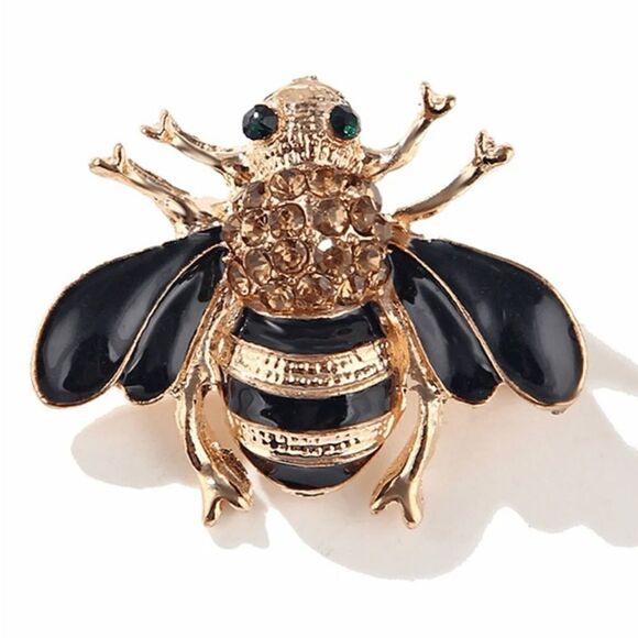 Jewelry - Cottagecore Bee Brooch Gold and Black Tone, Sparkling Jewel accents